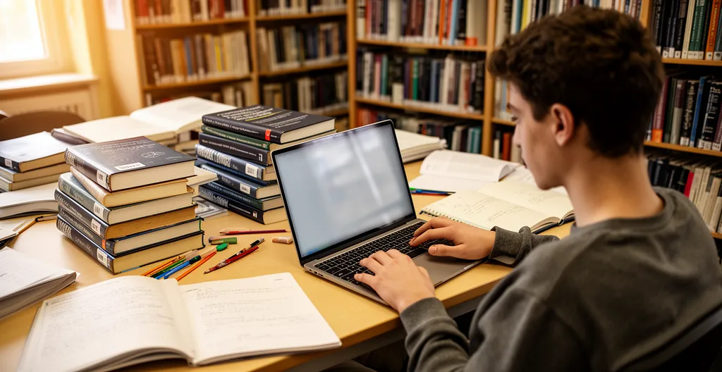 Étudiant consultant des ressources sur ordinateur dans une bibliothèque universitaire