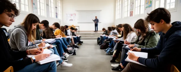 Étudiants prenant des notes dans un amphithéâtre universitaire parisien
