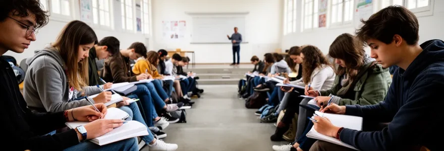 Étudiants prenant des notes dans un amphithéâtre universitaire parisien