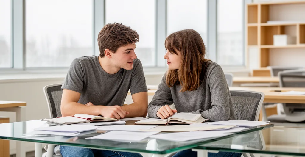 Deux étudiants travaillant ensemble dans une salle de travail moderne